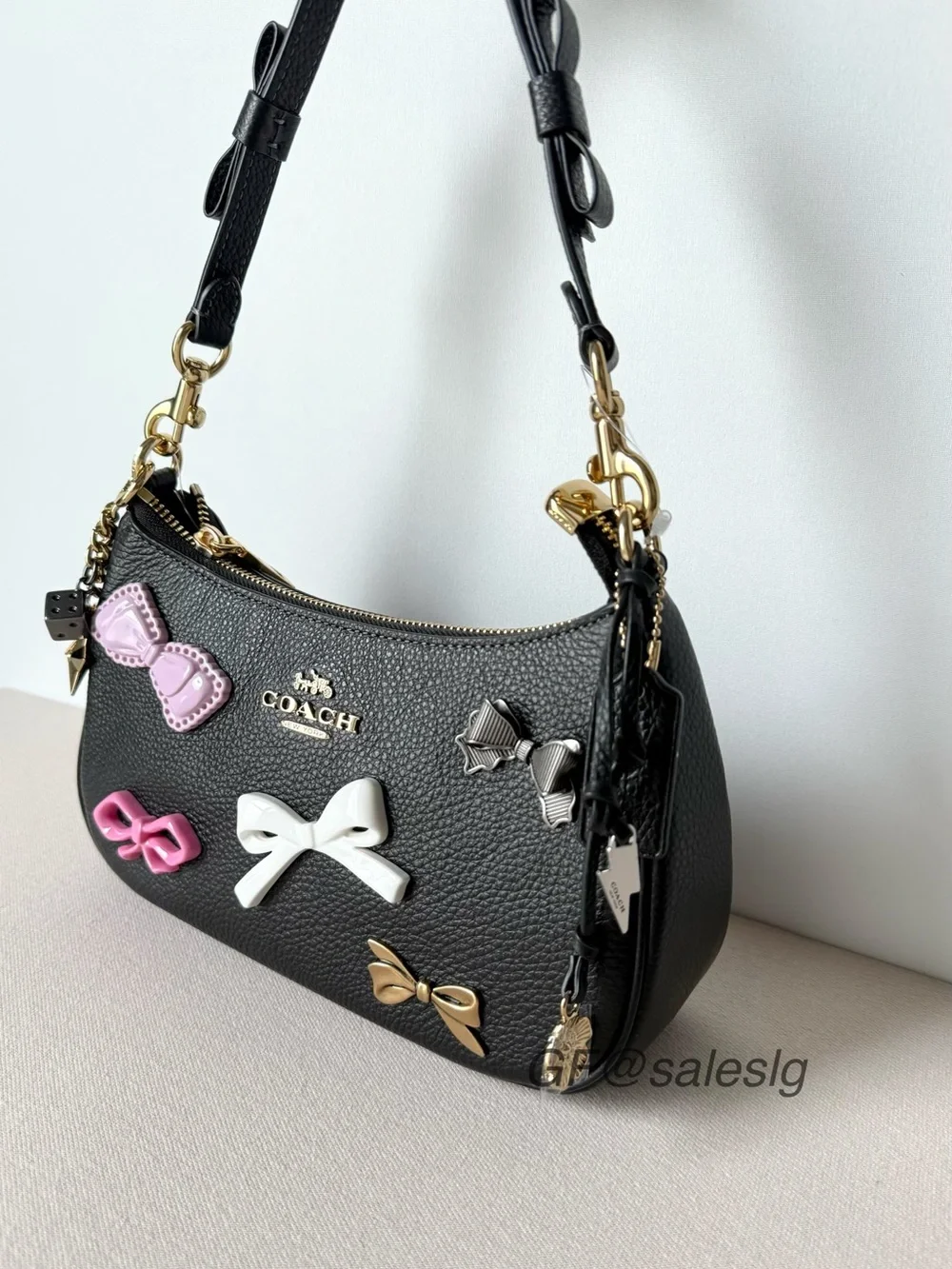 Coach Teri Shoulder Bag Black Pebble Leather Bow Charm Set CDY93 NWT